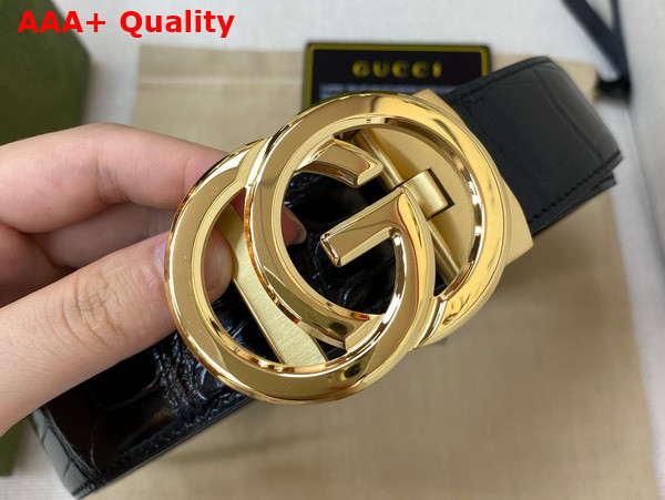 Gucci Reversible Belt in Black Crocodile Embossed Leather with Gold Interlocking G Buckle Replica