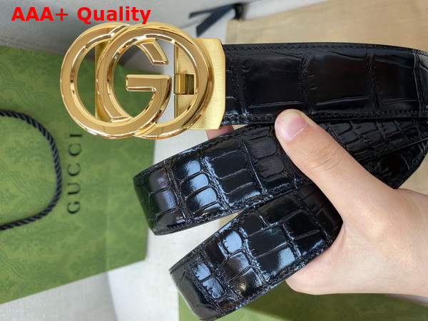 Gucci Reversible Belt in Black Crocodile Embossed Leather with Gold Interlocking G Buckle Replica