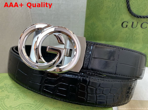 Gucci Reversible Belt in Black Crocodile Embossed Leather with Silver Interlocking G Buckle Replica