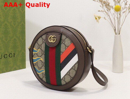 Gucci Round Shoulder Bag with Double G Beige and Ebony GG Supreme Canvas with Stripes and Flames Print 574978 Replica