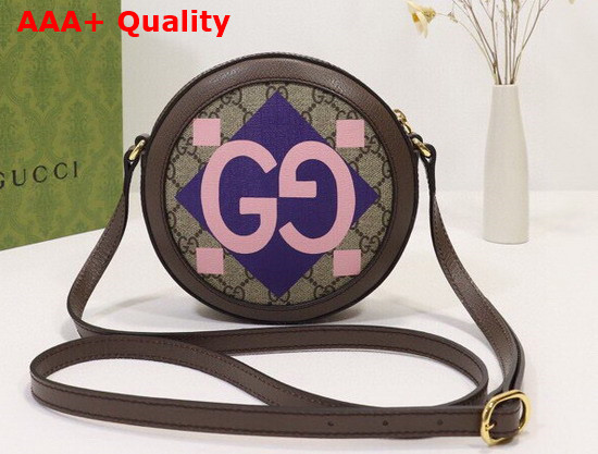 Gucci Round Shoulder Bag with Double G Beige and Ebony GG Supreme Canvas with Stripes and Flames Print 574978 Replica