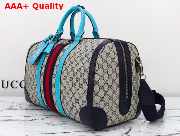 Gucci Savoy Medium Duffle Bag in Beige and Blue GG Supreme Canvas with Sky Blue and Brown Leather Trim 724642 Replica