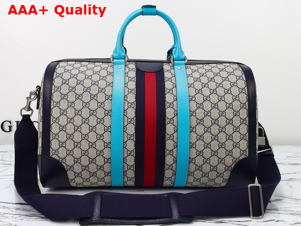 Gucci Savoy Medium Duffle Bag in Beige and Blue GG Supreme Canvas with Sky Blue and Brown Leather Trim 724642 Replica