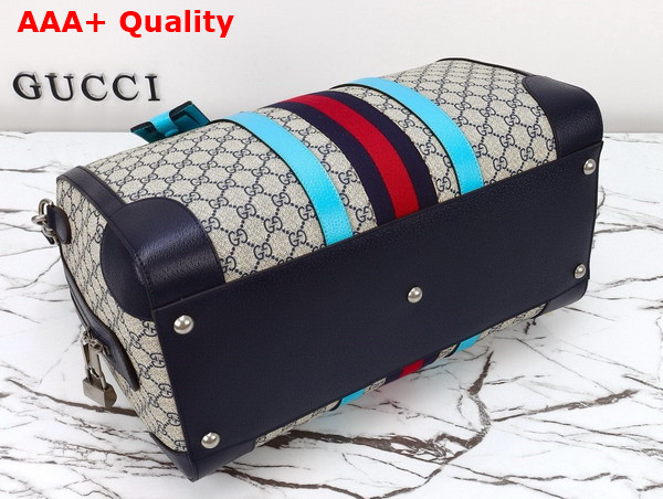 Gucci Savoy Medium Duffle Bag in Beige and Blue GG Supreme Canvas with Sky Blue and Brown Leather Trim 724642 Replica