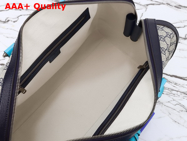 Gucci Savoy Medium Duffle Bag in Beige and Blue GG Supreme Canvas with Sky Blue and Brown Leather Trim 724642 Replica