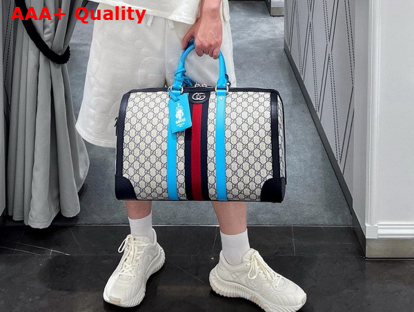 Gucci Savoy Medium Duffle Bag in Beige and Blue GG Supreme Canvas with Sky Blue and Brown Leather Trim 724642 Replica