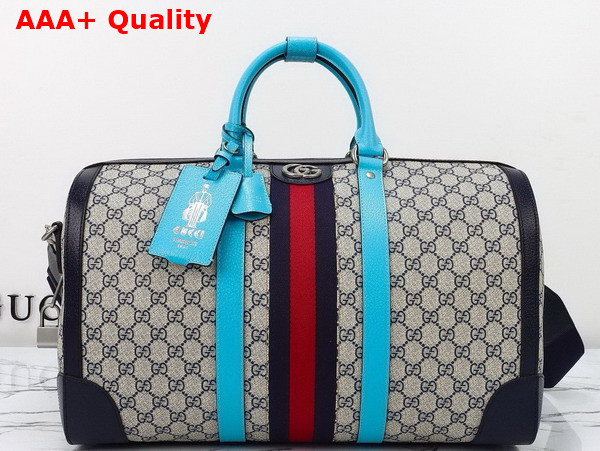 Gucci Savoy Medium Duffle Bag in Beige and Blue GG Supreme Canvas with Sky Blue and Brown Leather Trim 724642 Replica