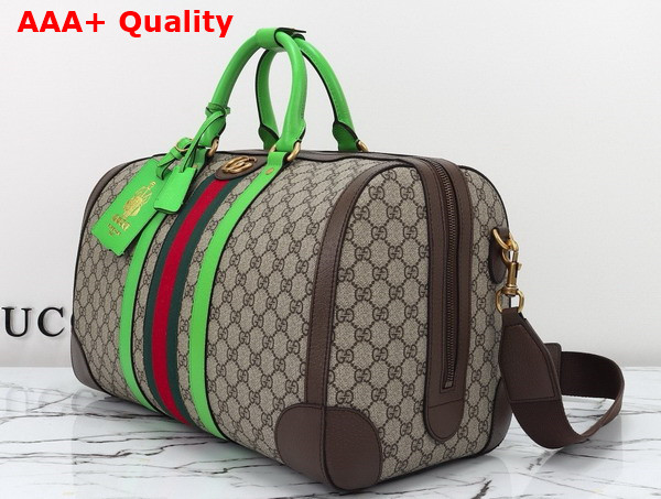 Gucci Savoy Medium Duffle Bag in Beige and Ebony GG Supreme Canvas with Bright Green and Brown Leather Trim 724642 Replica