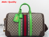 Gucci Savoy Medium Duffle Bag in Beige and Ebony GG Supreme Canvas with Bright Green and Brown Leather Trim 724642 Replica