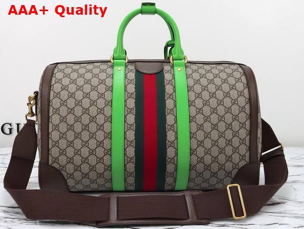 Gucci Savoy Medium Duffle Bag in Beige and Ebony GG Supreme Canvas with Bright Green and Brown Leather Trim 724642 Replica