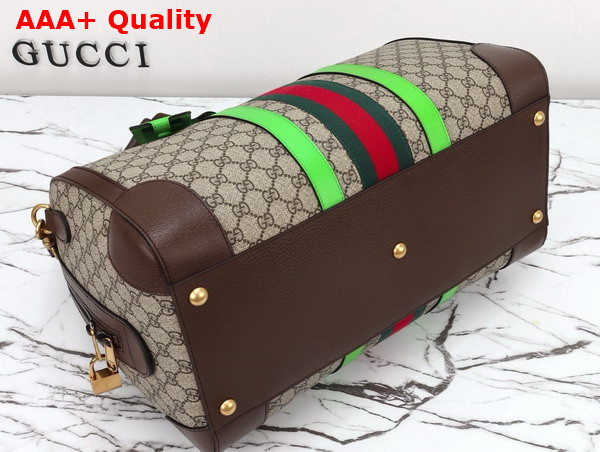 Gucci Savoy Medium Duffle Bag in Beige and Ebony GG Supreme Canvas with Bright Green and Brown Leather Trim 724642 Replica