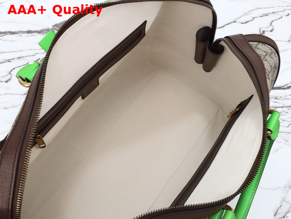 Gucci Savoy Medium Duffle Bag in Beige and Ebony GG Supreme Canvas with Bright Green and Brown Leather Trim 724642 Replica