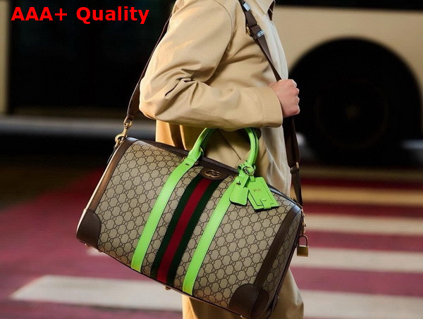 Gucci Savoy Medium Duffle Bag in Beige and Ebony GG Supreme Canvas with Bright Green and Brown Leather Trim 724642 Replica