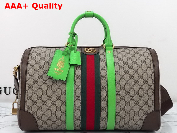 Gucci Savoy Medium Duffle Bag in Beige and Ebony GG Supreme Canvas with Bright Green and Brown Leather Trim 724642 Replica