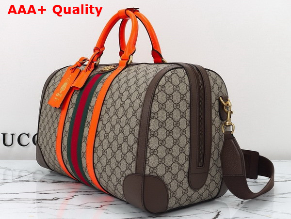 Gucci Savoy Medium Duffle Bag in Beige and Ebony GG Supreme Canvas with Bright Orange and Brown Leather Trim 724642 Replica