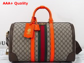 Gucci Savoy Medium Duffle Bag in Beige and Ebony GG Supreme Canvas with Bright Orange and Brown Leather Trim 724642 Replica