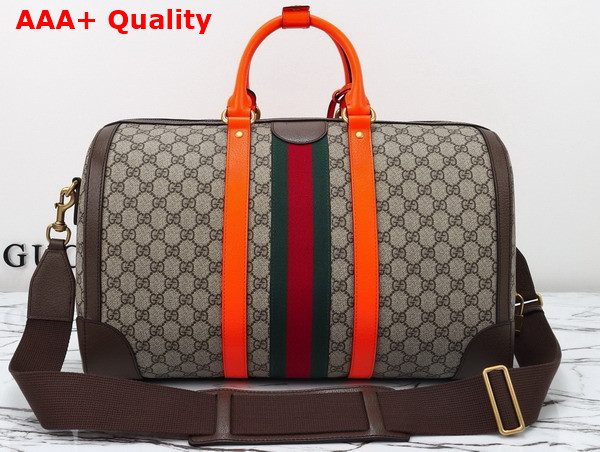 Gucci Savoy Medium Duffle Bag in Beige and Ebony GG Supreme Canvas with Bright Orange and Brown Leather Trim 724642 Replica