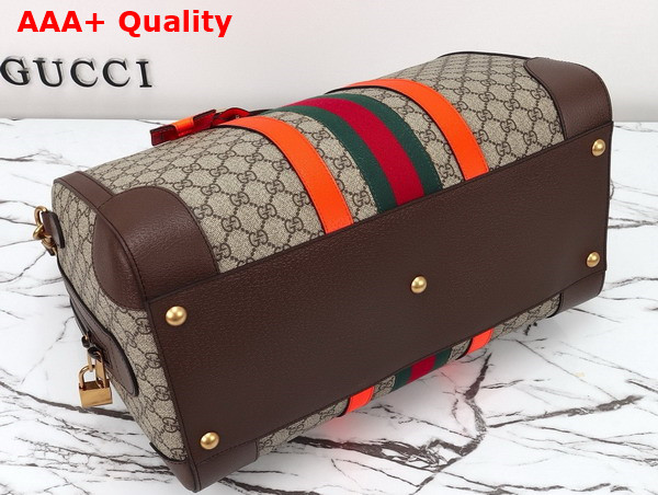 Gucci Savoy Medium Duffle Bag in Beige and Ebony GG Supreme Canvas with Bright Orange and Brown Leather Trim 724642 Replica