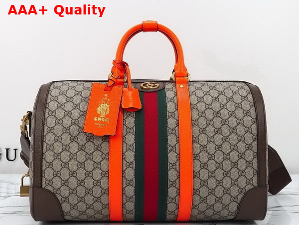 Gucci Savoy Medium Duffle Bag in Beige and Ebony GG Supreme Canvas with Bright Orange and Brown Leather Trim 724642 Replica