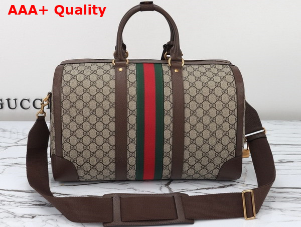 Gucci Savoy Medium Duffle Bag in Beige and Ebony GG Supreme Canvas with Brown Leather Trim 724642 Replica