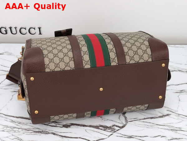 Gucci Savoy Medium Duffle Bag in Beige and Ebony GG Supreme Canvas with Brown Leather Trim 724642 Replica