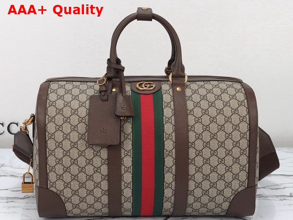 Gucci Savoy Medium Duffle Bag in Beige and Ebony GG Supreme Canvas with Brown Leather Trim 724642 Replica