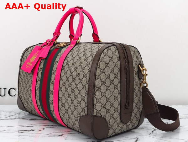 Gucci Savoy Medium Duffle Bag in Beige and Ebony GG Supreme Canvas with Fuchsia and Brown Leather Trim 724642 Replica