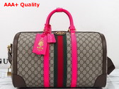 Gucci Savoy Medium Duffle Bag in Beige and Ebony GG Supreme Canvas with Fuchsia and Brown Leather Trim 724642 Replica