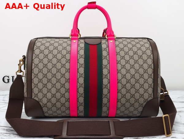 Gucci Savoy Medium Duffle Bag in Beige and Ebony GG Supreme Canvas with Fuchsia and Brown Leather Trim 724642 Replica