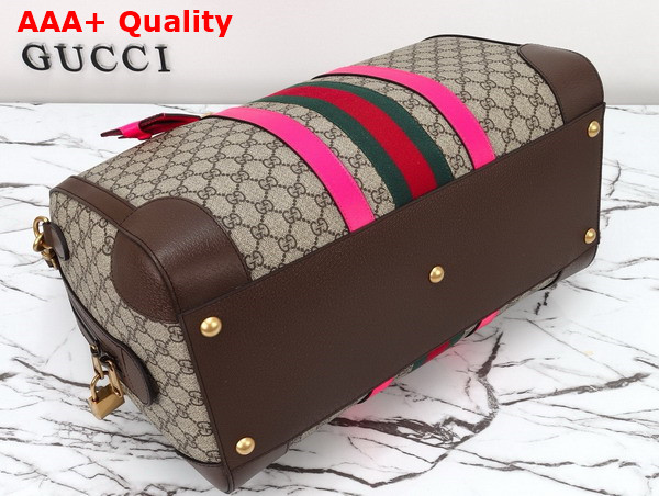 Gucci Savoy Medium Duffle Bag in Beige and Ebony GG Supreme Canvas with Fuchsia and Brown Leather Trim 724642 Replica