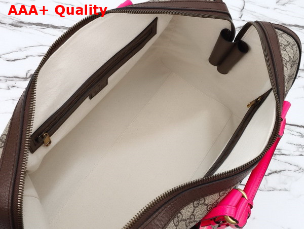 Gucci Savoy Medium Duffle Bag in Beige and Ebony GG Supreme Canvas with Fuchsia and Brown Leather Trim 724642 Replica