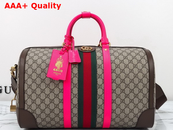 Gucci Savoy Medium Duffle Bag in Beige and Ebony GG Supreme Canvas with Fuchsia and Brown Leather Trim 724642 Replica