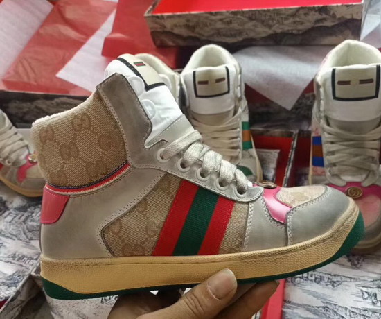 Gucci Screener GG High Top Sneaker Beige Original GG Canvas and Off White Leather with Pink Details