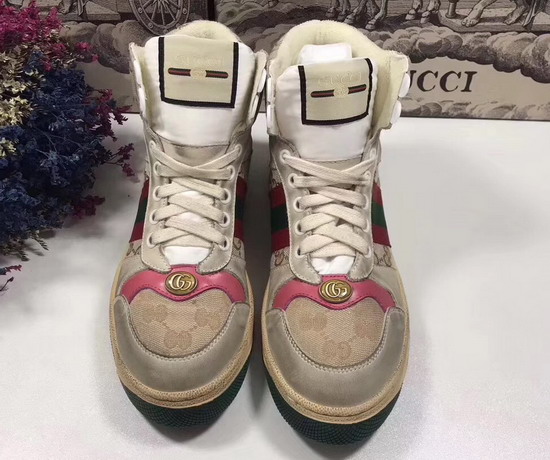 Gucci Screener GG High Top Sneaker Beige Original GG Canvas and Off White Leather with Pink Details