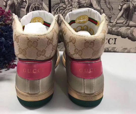 Gucci Screener GG High Top Sneaker Beige Original GG Canvas and Off White Leather with Pink Details