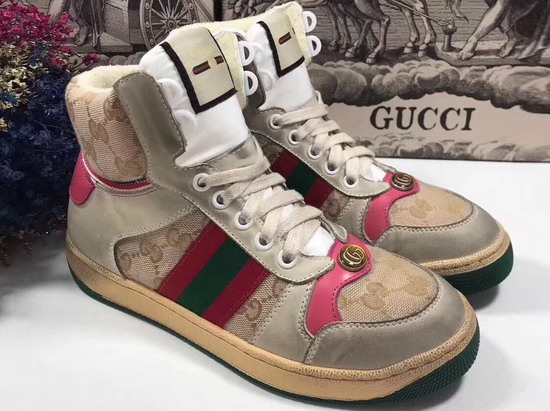 Gucci Screener GG High Top Sneaker Beige Original GG Canvas and Off White Leather with Pink Details