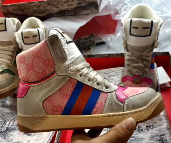 Gucci Screener GG High Top Sneaker Pink Original GG Canvas and Off White Leather