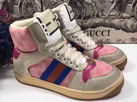 Gucci Screener GG High Top Sneaker Pink Original GG Canvas and Off White Leather