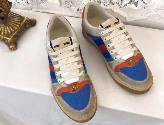 Gucci Screener Leather Sneaker Perforated Blue and White Leather Orange Leather Details 546163