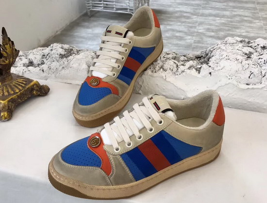 Gucci Screener Leather Sneaker Perforated Blue and White Leather Orange Leather Details 546163