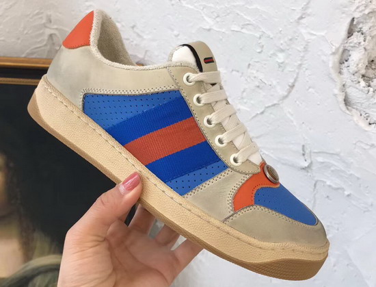 Gucci Screener Leather Sneaker Perforated Blue and White Leather Orange Leather Details 546163