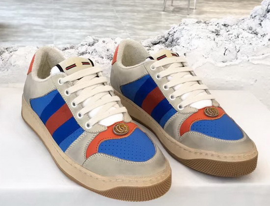 Gucci Screener Leather Sneaker Perforated Blue and White Leather Orange Leather Details 546163