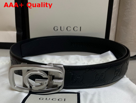 Gucci Signature Leather Belt in Black with Framed G Buckle Replica