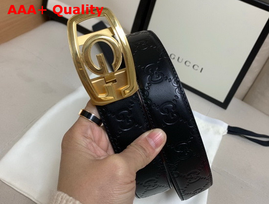 Gucci Signature Leather Belt in Black with Framed G Buckle Replica