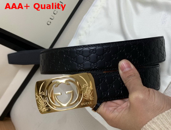 Gucci Signature Leather Belt in Black with Framed GG Marmont Buckle Replica