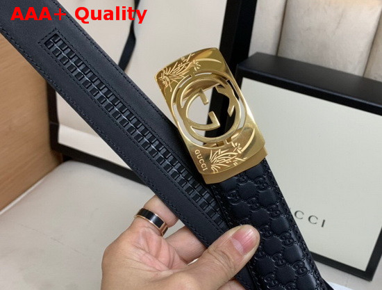 Gucci Signature Leather Belt in Black with Framed GG Marmont Buckle Replica