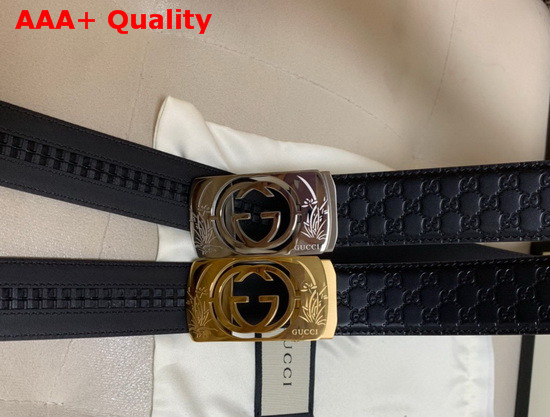 Gucci Signature Leather Belt in Black with Framed GG Marmont Buckle Replica