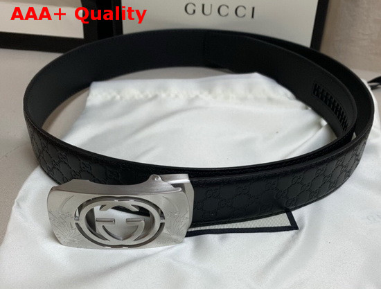 Gucci Signature Leather Belt in Black with Framed GG Marmont Buckle Replica