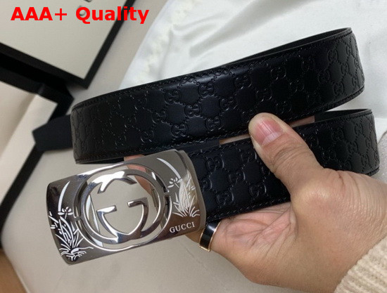 Gucci Signature Leather Belt in Black with Framed GG Marmont Buckle Replica