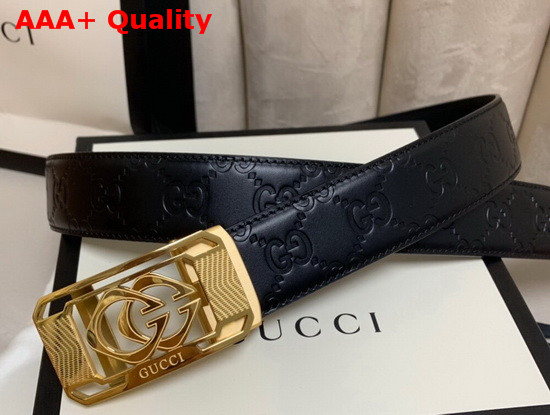 Gucci Signature Leather Belt in Black with Framed Square GG Buckle Replica